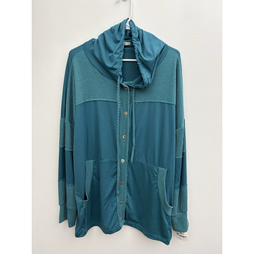 NWT Blumin Apparel Perfect Mix Hooded Top Jacket Teal Waffle Knit Size L T8034